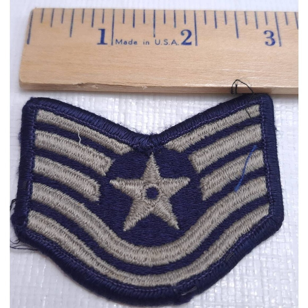 US Air Force Tech Sergeant Rank Patch E6 Vintage 3" Blue Silver Sew On Insignia